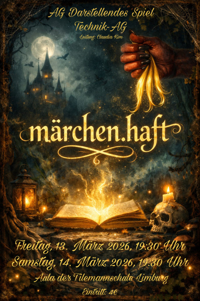 Plakat für die Aufführung "märchen.haft" von der AG Darstellendes Spiel und der Technik-AG unter der Leitung von Claudia Kim.
Termine:
Freitag, 13. März und Samstag, 14 März 2026, 19:30Uhr
Ort:
Aula der Tilemannschule Limburg
Eintritt: 4€